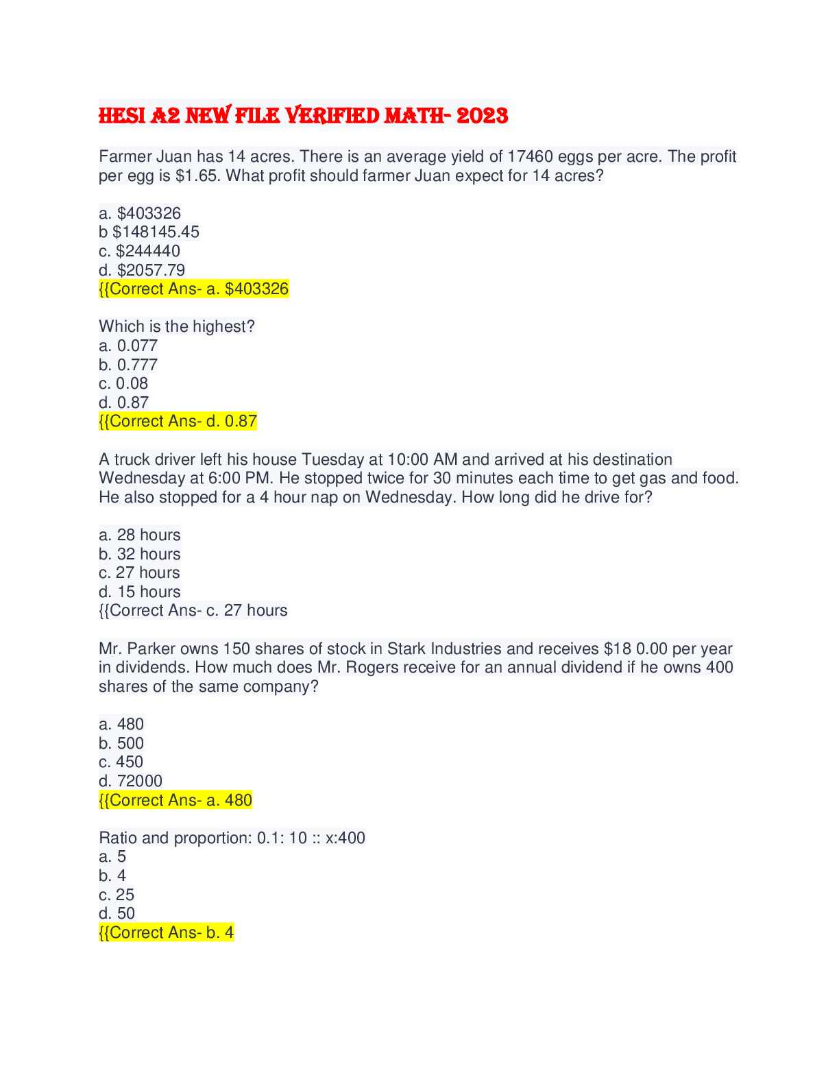 Preview image for HESI A2 (NURSING ADMISSION TEST) NEW FILE VERIFIED- 2023 MATH